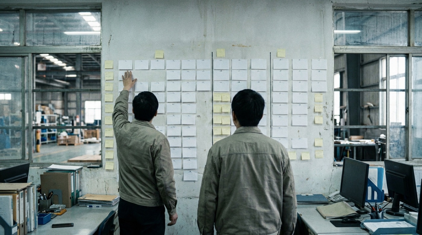 Two people at a wall of blank cards inside a factory office, one reaching up to move a card. Both seen from behind.