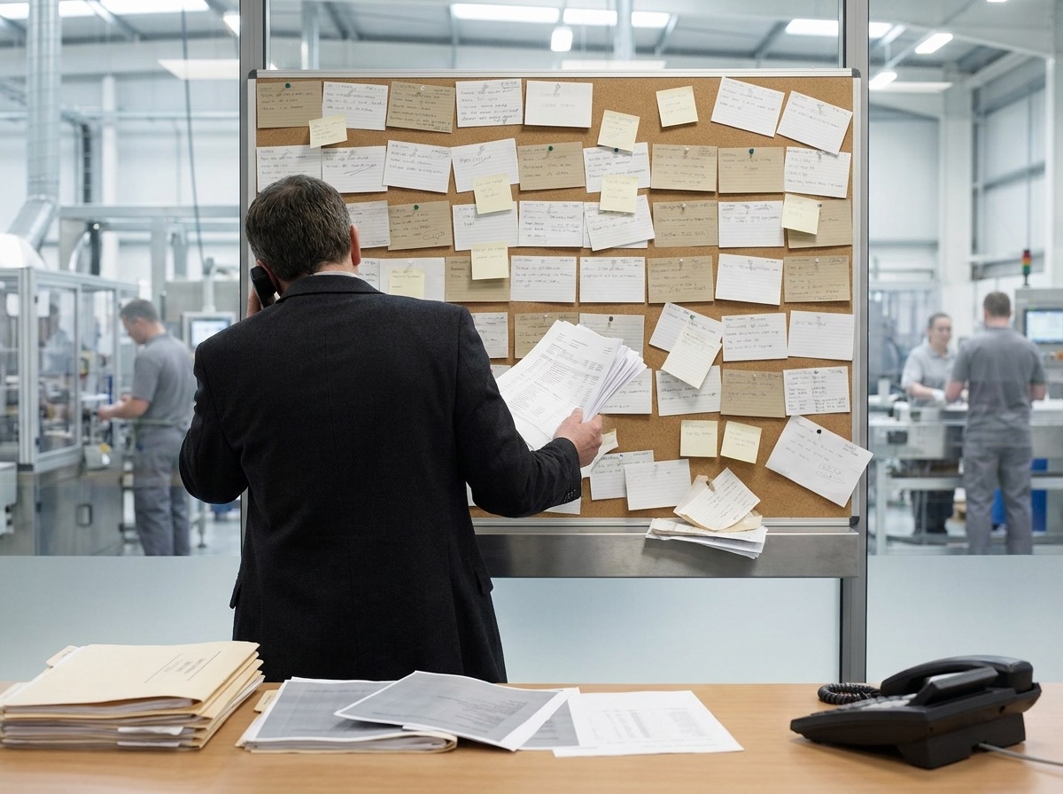 A production planning office: a wall board densely covered in overlapping handwritten cards, a manager facing it with a phone at one ear and a sheaf of printed sheets in the other hand, job folders stacked on the desk in front.
