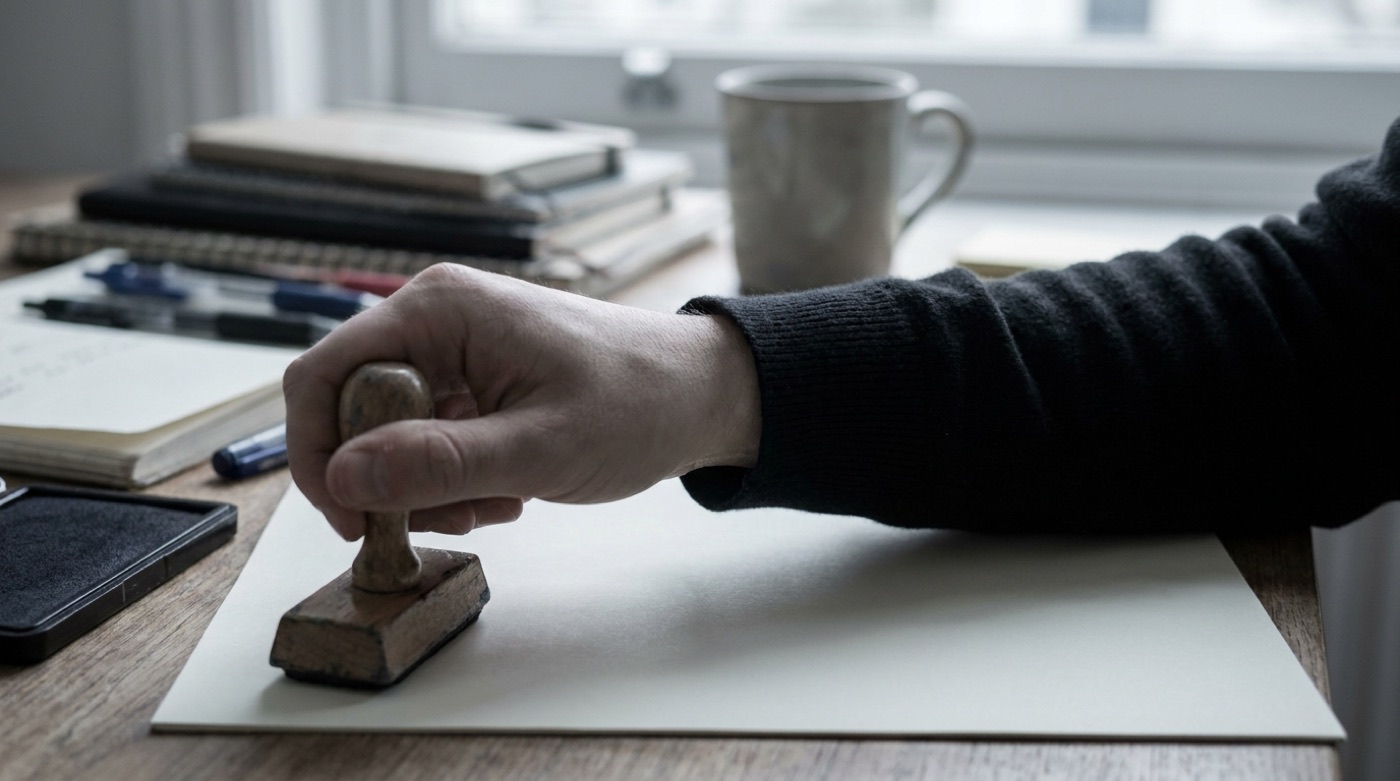 A hand bringing a wooden rubber stamp down onto a blank sheet of paper on a desk.