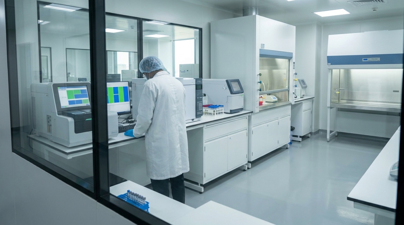 A modern life-sciences laboratory, clean benches with analytical instruments and racked samples.