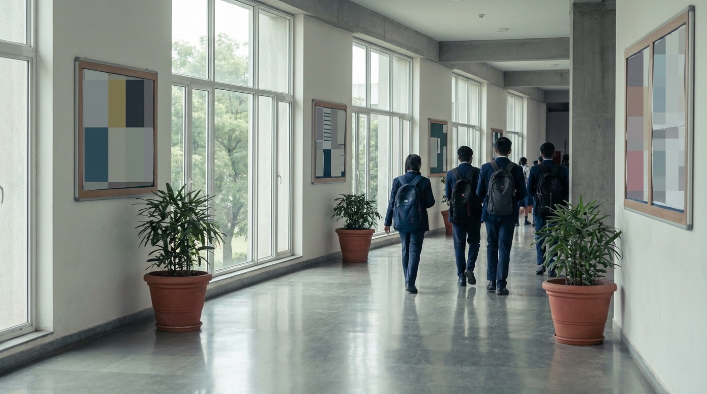 A modern school corridor between classes, students in uniform walking away down the corridor.