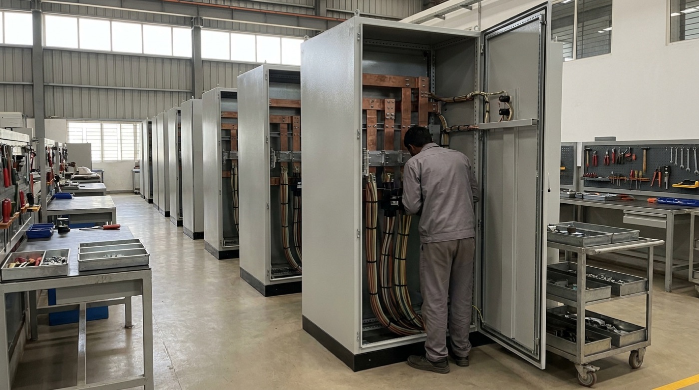 A modern switchgear assembly floor: powder-coated panel enclosures being wired at matted workstations, component bins on tidy racks, a technician working with their back to camera.