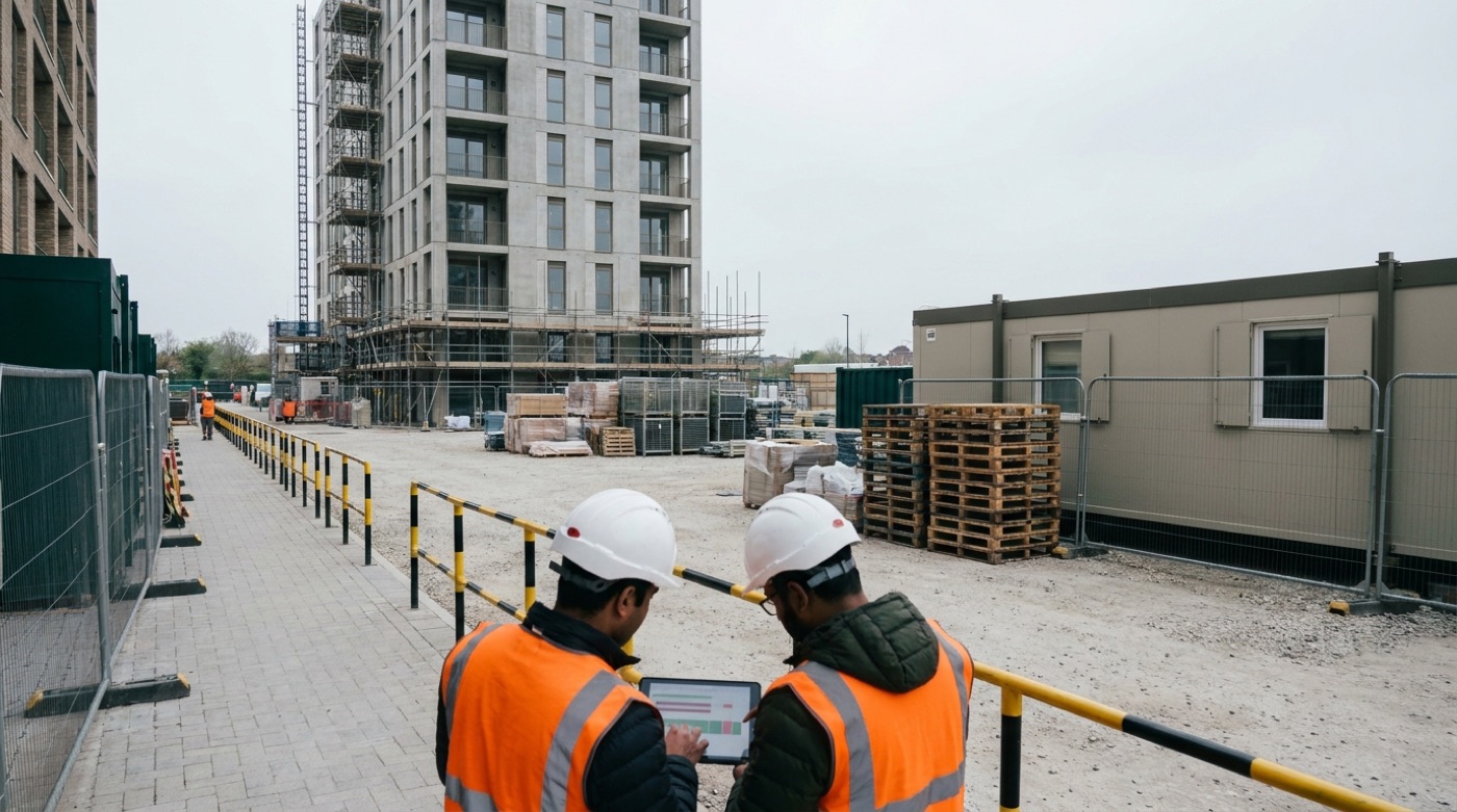 A residential development nearing completion, two people in hard hats reviewing a tablet on site.